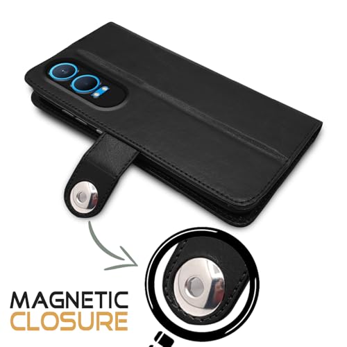 Image of Pikkme Flip Cover Leather Finish | Inside TPU with Card Pockets | Wallet Stand and Shock Proof | Complete Protection Button Flip Case for OnePlus Nord CE 4 Lite 5G (Black)