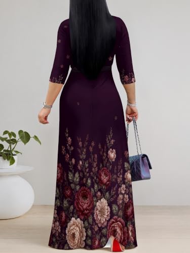 Image of PinkPatty Plus Size Maxi Dress for Women Casual V Neck 3 /4 Sleeve Boho Printed Long Dress with Pockets
