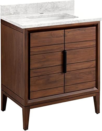 Signature Hardware 459190 Aliso 30" Free Standing Single Vanity Cabinet Set with Wood Cabinet, Vanity Top and Rectangular Undermount Sink - Single Faucet Hole - Java/Carrara