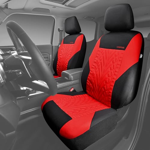 Image of CAR PASS Car Seat Covers Two Front Only for Car, 3D Tyre Print Automotive Interior Covers, Airbag Compatible, Quick Setup Universal Fit Seat Covers for Car, Truck, SUV(Black Red)