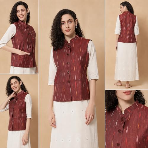 Image of Vastraa Fusion Women's Ikat Cotton Nehru Jacket Printed Waistcoat Sleeveless Mandarin Collar Button Front Ethnic Casual Wear