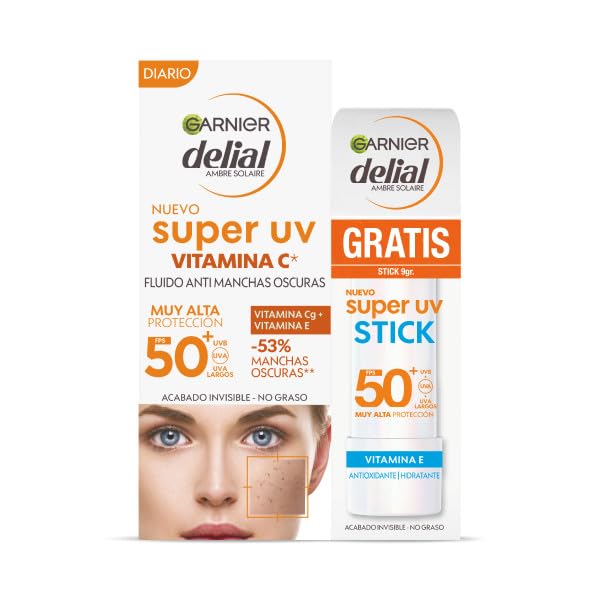 Garnier Delial Super UV Pack Crema Facial Vitamina C FPS50 + Stick, 2 Pack | Textura Ultraligera, Acabado Mate, Acabado no Graso, Ácido Hialurónico*, Rápida Absorción, Hidratación Intensa, Super UV