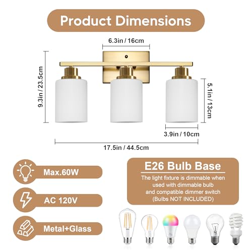 Image of Ascher Bathroom Light Fixtures, 3-Light Vanity Light Over Mirror, Gold Wall Sconces with Milky White Frosted Glass Shades, Wall Lamp for Living Room Bedroom, E26 Base(Bulbs Not Included)