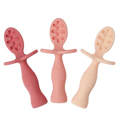 Image of Upward Baby Spoons Self Feeding 6+ Months - 3 Pack, Chewable Toddler Utensils with Anti Choke Barrier, Baby Feeding Essentials, Baby Spoons 4 months, Silicone Spoons, Pink