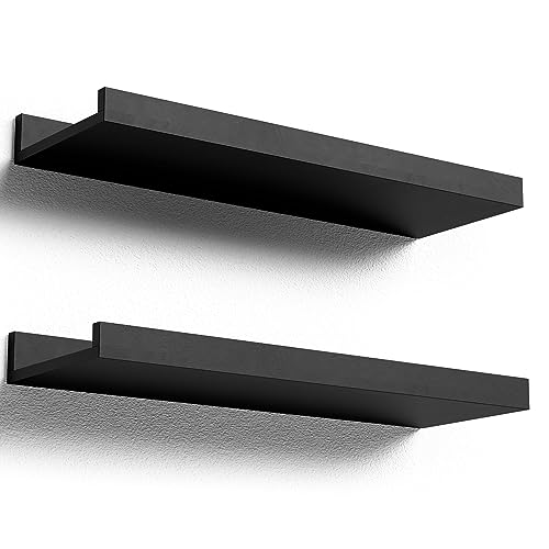 Boswillon Floating Shelves Set of 2 Small Wall Shelf with Lip 16in Black