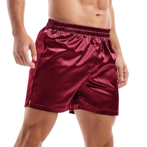 Image of AMY COULEE Mens Satin Boxer Shorts Silky Lightweight Pajama Bottoms Split Side Lounge Sleep Shorts