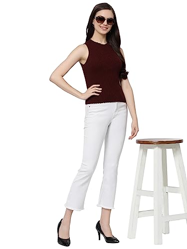 Image of Kalt Womens Knitted, Ribbed Cotton Fitted Sleeveless Round Neck Cami Tank Top