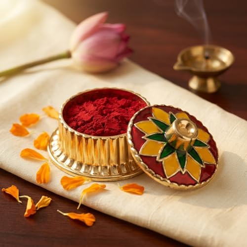 Image of Indian Dark Red Pure Kumkum Powder (Sindoor, Kumkuma, Kum Kum) For Makeup, Pooja And Other Hindu Rituals (Fancy Box 1)