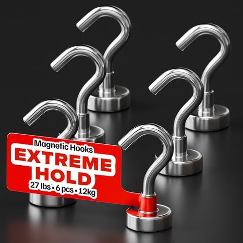 Magnetic Hooks 27lbs/12kg (Pack of 6 Silver) - Heavy Duty Neodymium Hooks for Outdoor & Backyard Use - Strong Rare Earth Magnets for Cruise Cabins - Magnet Hook for Kitchen & Refrigerators
