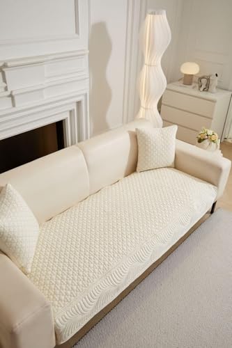 Image of HOMETHREADS Premium Cotton Sofa Cover Mat with PVC Backing for Non-Slip Comfort (Cream, 1 Seater Large| 70x90cm)