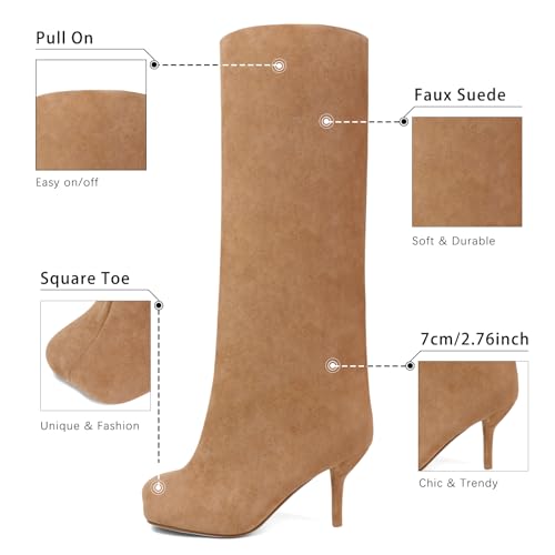 Women's Knee High Suede Boots for Women Wide Calf Square Toe Stiletto Heels Tall Boots Pull On High Heel Long Booties4