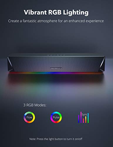 TaoTronics Gaming Computer Speaker, Dual Powerful 7W Drivers PC Soundbar, Colorful RGB Light, Wireless Bluetooth 5.0 or 3.5mm Aux-in Connection, Stereo Audio Computer Sound Bar for Desktop