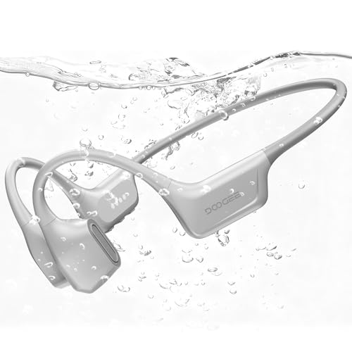 DOOGEE Cuffie a Conduzione Ossea, IP68 Impermeabili Sportivi Auricolari Conduzione Ossea Bluetooth 5.4 per Nuoto, Running & Fitness, 64GB MP3, 8H Batteria, Vestibilità Sicura (Grigio Chiaro)
