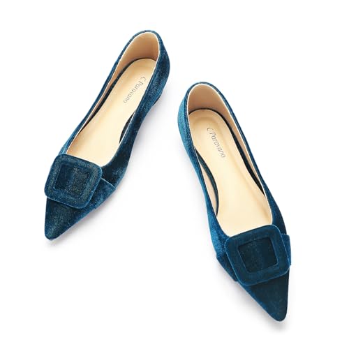 C.Paravano Women's Pointed Toe Flats | Velvet Slip-On Ballet Flats | Comfortable Work & Daily Wear Shoes (Blue,Size 6.5)