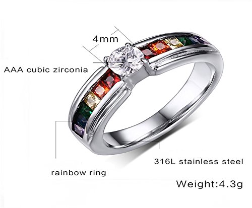 JAJAFOOK 316L Stainless Steel LGBT Gay& Lesbian Pride Rainbow CZ Cubic Zirconia Wedding Engagement Rings2