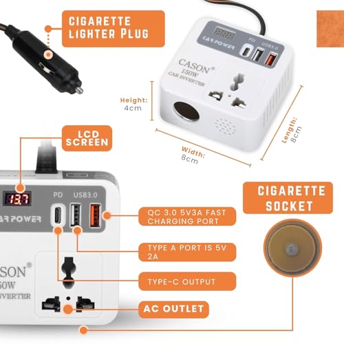 Image of Cason 150W Fast Charging Car Charger for Mobiles,Laptop /Power Inverter with 2 USB (3.1A Max) + 1 C Type Smart USB Charging Ports, 12V DC to 220V AC Converter (with Socket)