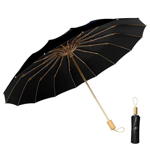 Compact Umbrella with UPF 50 UV Sun Protection, Super Windproof 16 Fiberglass Ribs, Small Foldable Travel Rain/Sun Umbrella, Portable Mini Parasol for Golf & Outdoor Use (Black)