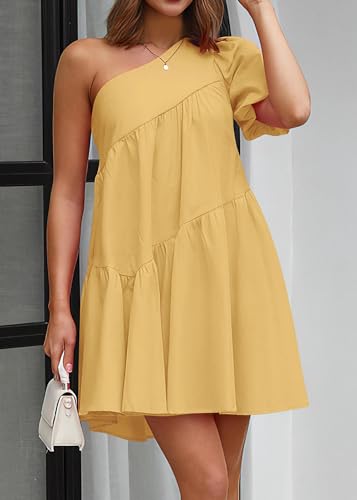 Image of KIRUNDO Summer One Shoulder Mini Baby Doll Dresses Women 2026 Casual Puff Sleeve Loose Tiered A Line Flowy Short Dress