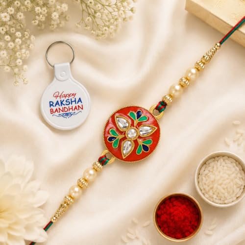 Image of Riddhika Ventures Alluring Gold Plated Floral and Pearl Rakhi (Bracelet) with Roli Chawal, Greeting Card and One Motivational Keychain