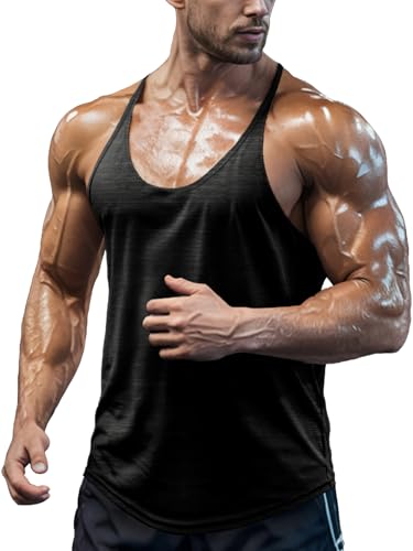 Agilelin Men's Bodybuilding Stringer Tank Tops Quick Dry Workout Shirts Sleeveless Y-Back Tops（Black/XL）