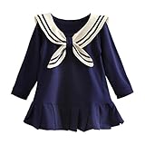 [LittleSpring] 秋 キッズ 女の子 マリン風 ワンピース 長袖 切り替え 襟付き セーラー襟 プリーツ 森ガール ネイビー 140