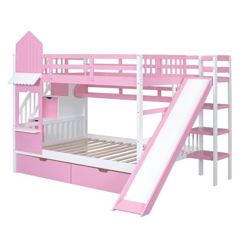 MERITLINE Full Over Full Bunk Bed for Kids, Castle Bunk Beds with 2 Drawers 3 Shelves and Slide, Solid Wood Full Bunk Bed for Kids Girls Boys Teens (Pink)