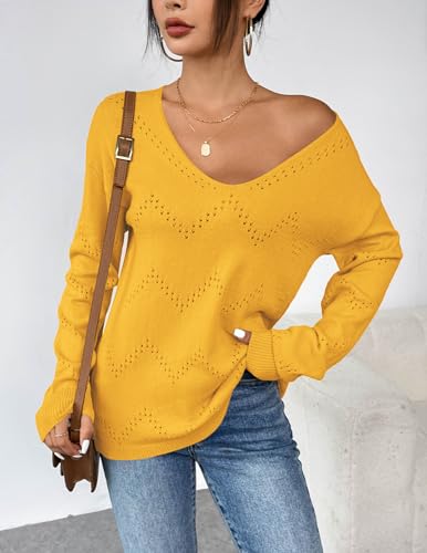 Image of Zeagoo Womens Sweaters Fall Trendy Casual Long Sleeve Shirt Lightweight V Neck Off Shoulder Crochet Pullover Top Outfit