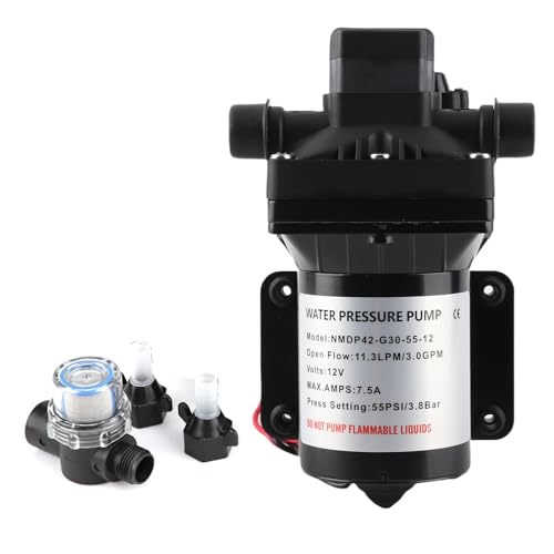 Pompe à Eau Auto-amorçante 12V DC 55 PSI 3 GPM pour Camping-Car Caravane, Pompe à Membrane avec Pressostat, Protection Thermique Intégrée