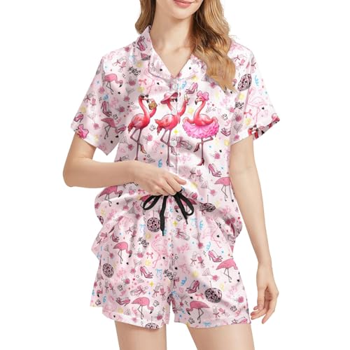 Image of Funny Satin Pajamas Set for Women Button Down Sleepwear Print Pjs Set 2 Piece Short Sleeve Loungewear Gift for Women