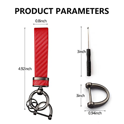 Turcee Carbon Fiber Keychain, Interior Accessories Leather Key Fob, Car Accessories Key Ring & Anti-Lost D-Ring (Red)