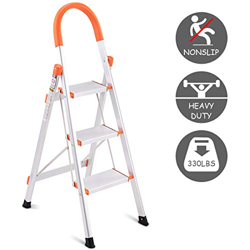 Giantex 3 Step Ladder Folding, Aluminum Step Stool Ladder w/Anti-Slip Handgrip and Wide Pedal, 330 lbs Load Capacity Platform Step Stool for Home, Garden and Office