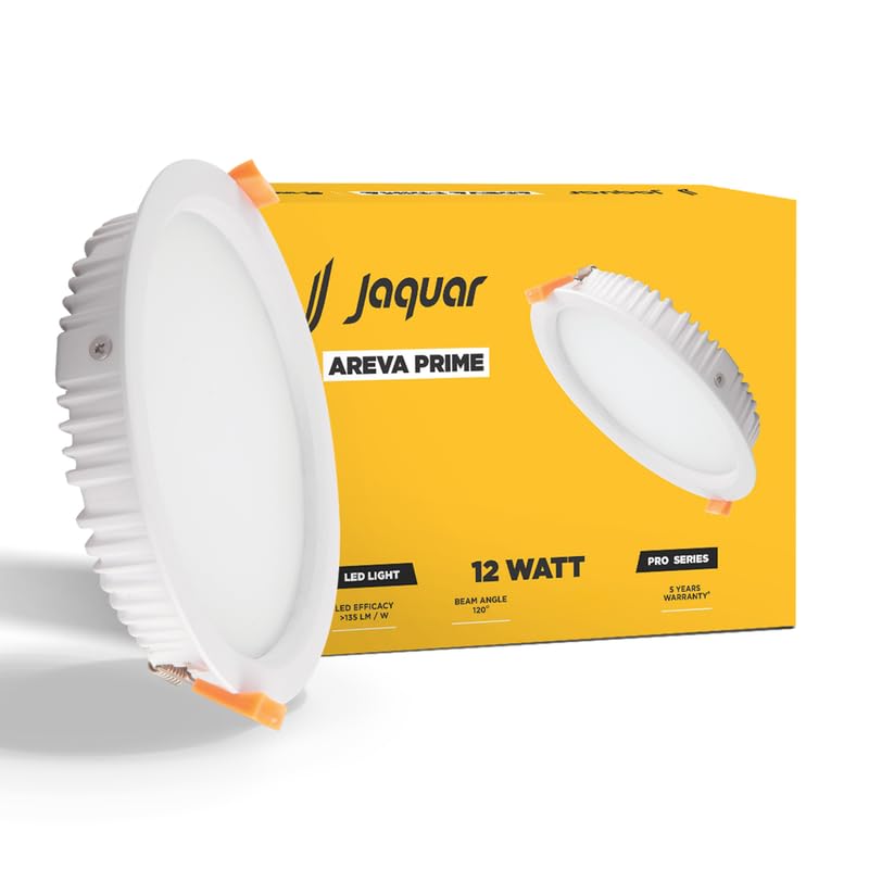 Image of Jaquar 12W Areva Prime Round Downlight with Aluminum housing | 5 Year Warranty | Cool White (6500k) Sleek Backlit Design | Recessed Mounted False Ceiling | 105 mm Cutout |120x28 mm (Pack 1)