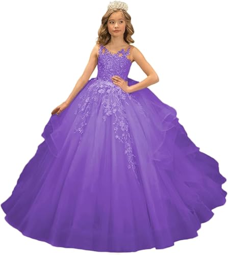 Flower Girl Dresses Lace Applique A-Line Long Tulle Pageant First Communion Ball Gowns with Removable Ruffles