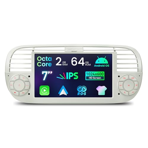 XTRONS 7 Android Fiat 500 Stereo Radio Player Octa Core 2+64GB 1 Din Head Unit for Fiat 500 (2007-2015) Cream w EQ DSP Dual Band WiFi Wireless CarAutoPlay GPS Bluetooth Cooling System Optional DAB+