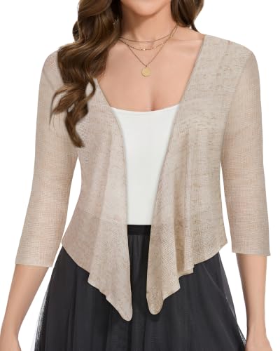 Image of Women Crop Cardigan Sheer Mesh Bolero Shrug for Dress Tie Front 3 /4 Sleeve Tops