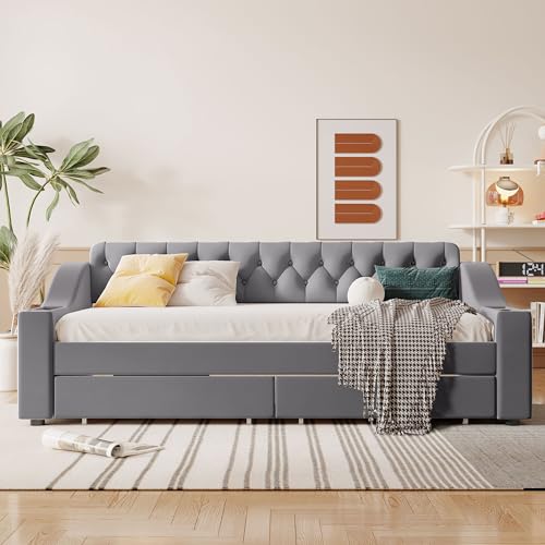 Linique Twin Size Upholstered Daybed with 2 Storage Drawer and USB Port,Wooden Velvet Fabric Soft Bed Frame with Button Tufted Backrests and Storage Armrests,Gray - Thumbnail 3