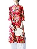 Women Chinese Traditional Northeast Flower Cheongsam Qipao Mandarin Collar Keyhole Dress with Pocket (US, Alpha, One Size, Regular, Regular, Red Peony)