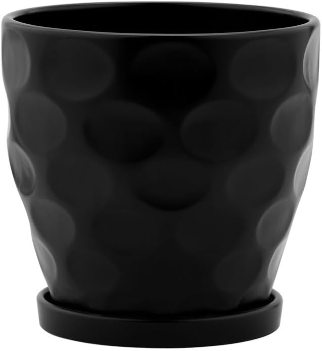 Napco Imports Matte Black Dimpled Ceramic Pot for Indoor Plants Planter with Saucer, 7.5-Inch, Large