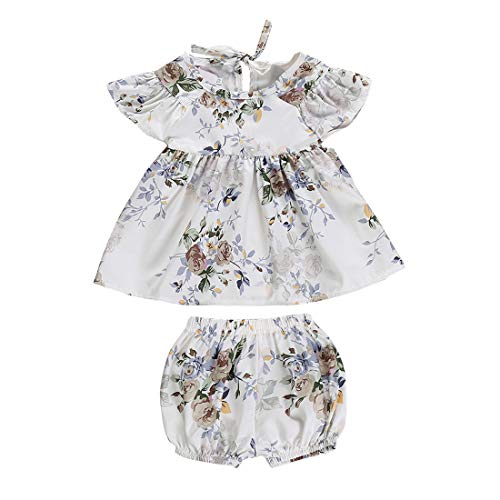 Toddler Baby Girl 2Pcs Romper Jumpsuit Flutter Sleeve Floral Kids Clothes Outfits (18-24 Months, White)