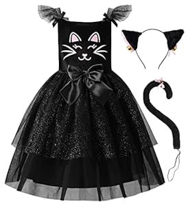 ReliBeauty Katzenkostüm Kinder Kleid Mädchen mit Katzenschwanz Katzenohr Halskette，120