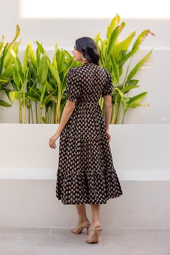 Image of LABEL ADRIJA Pure Cotton Calf Length Midi Dress for Women Floral Print | Flared Anarkali Dress Puff Sleeves