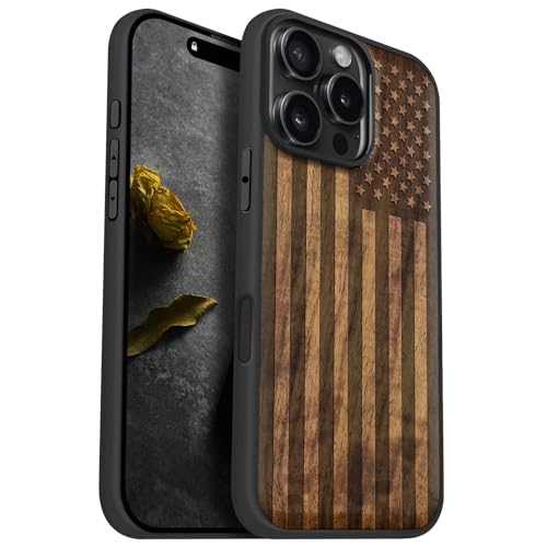 Carveit Magnetic Wooden Case for iPhone 16 Pro Max Case, Wood Artisan Engraved & Black Soft TPU Shockproof Cover, Compatible with MagSafe Wireless Chargers (American Flag) Walnut by Carveit - Used condition - US$11.94