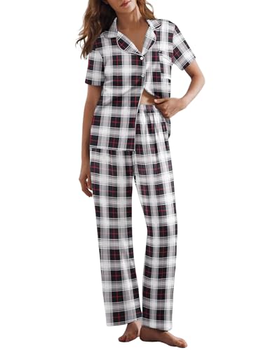 Image of Ekouaer Womens Pajamas Set Print PJs Soft Button Down Sleepwear Short Sleeve Nightwear with Long Pants Small White Plaid S