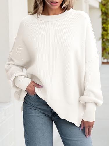 ANRABESS Women Oversized Sweaters Batwing Long Sleeve 2025 Fall Outfits Crewneck Casual Knit Side Slit Fashion Pullover Top2