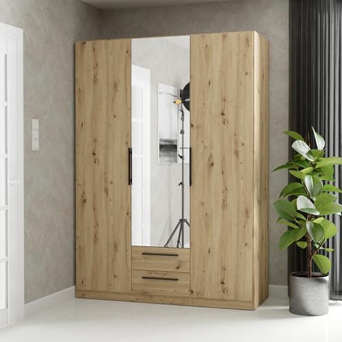 Forte CADIXO Kleiderschrank 150, moderner 3-türiger Schrank, Holzwerkstoff, Schlafzimmer, Jugendzimmer, Stauraum, Artisan Eiche Holzdekor mit Spiegel, 150,6 cm breit x 212,9 cm hoch x 58,9 cm tief Forte CADIXO Kleiderschrank 150, moderner 3-türiger Schrank, Holzwerkstoff, Schlafzimmer, Jugendzimmer, Stauraum, Artisan Eiche Holzdekor mit Spiegel, 150,6 cm breit x 212,9 cm hoch x 58,9 cm tief