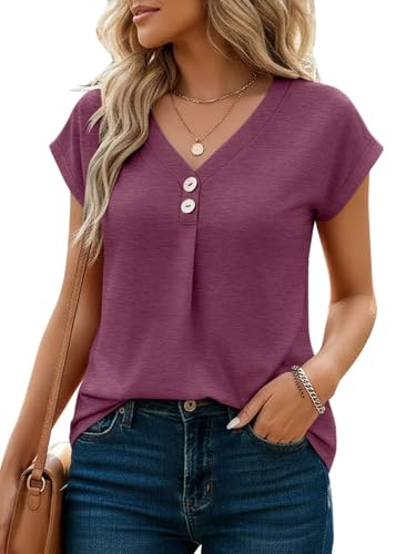 Image of Women's V Neck Button Down T Shirts Summer Casual Short Sleeve Tops Loose Fit Tees 2025, Plum, S