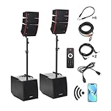 EXOTON LVP-212 12-inch Active Line Array System,3000w Professional Bluetooth PA Speaker，2 Subwoofer and 8 line Array Speakers,USB/SD Card,Remote Control,5-Band EQ(Wood Subwoofer)