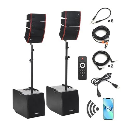 EXOTON LVP-212 12-inch Active Line Array System,3000w Professional Bluetooth PA Speaker，2 Subwoofer and 8 line Array Speakers,USB/SD Card,Remote Control,5-Band EQ(Wood Subwoofer)