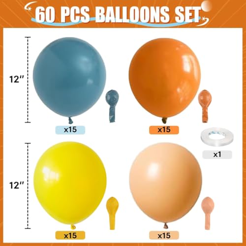 Image of HILAVO Retro Blue Yellow and Orange Balloons, 60PCS 12 Inch Slate Blue Burnt Orange Mustard Yellow Balloons for Here Comes the Son Baby Shower Kids Birthday Party Boho Party Decorations