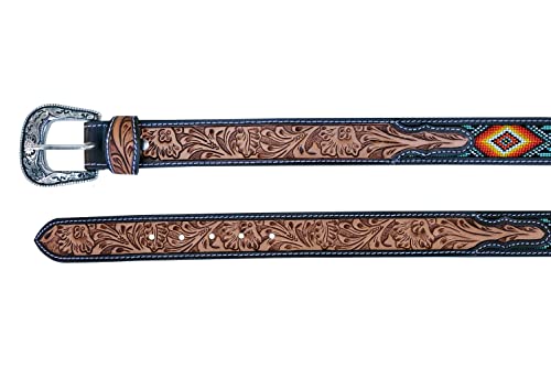 Western Beaded Leather Belt Tooled belt Unisex with Removeable Buckle 30AB0022